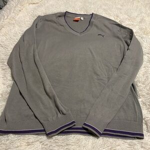 Puma gray v-neck golf sweater w/ purple & white XL